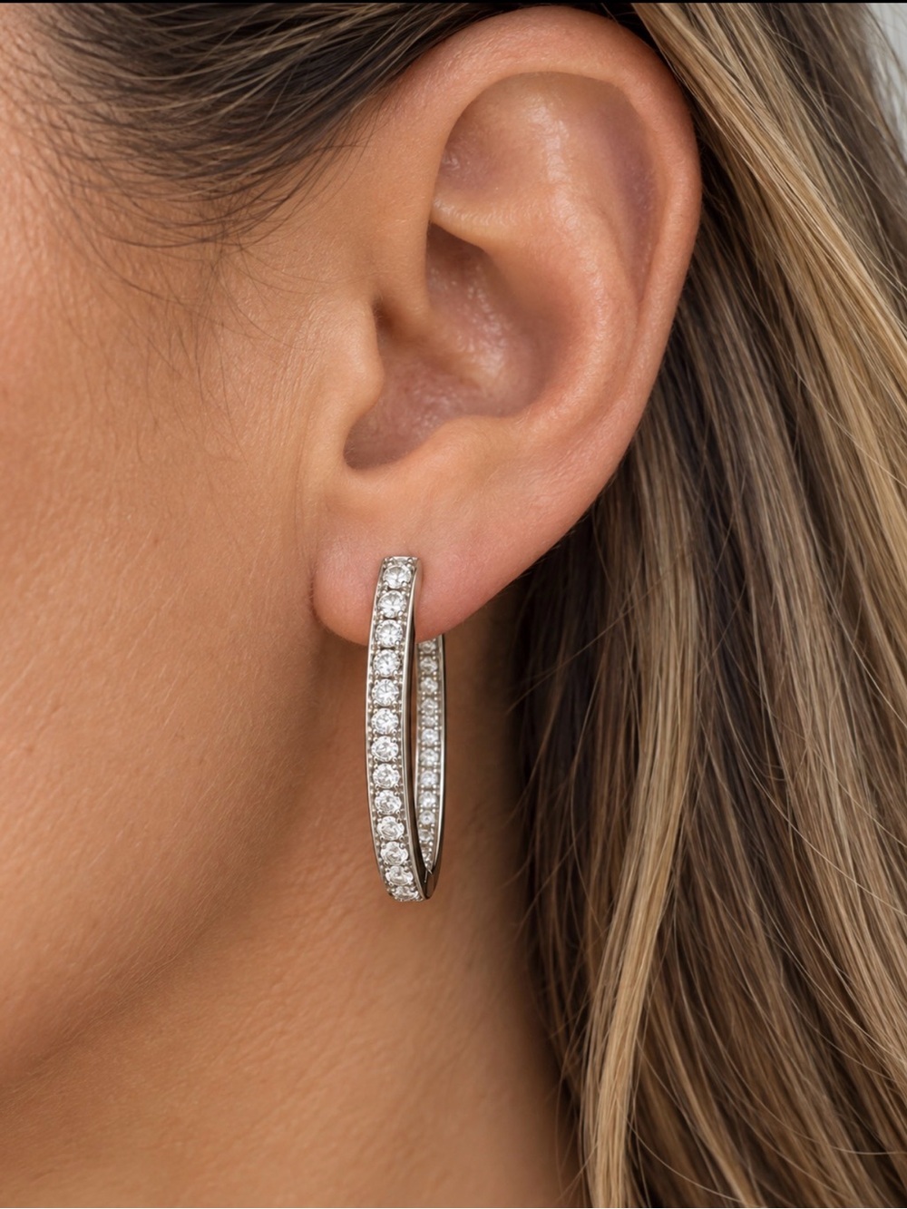 14K White Gold 1” Diamond Hoop Earrings, 7.5G, snap back closure - Picture 3 of 4